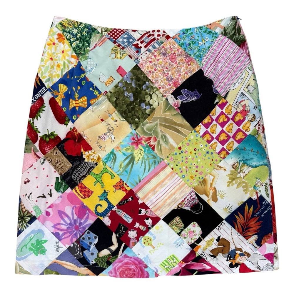 Vintage Patchwork Love Life SKIRT sz M Floral A-Line Retro Artsy Festival Hippie